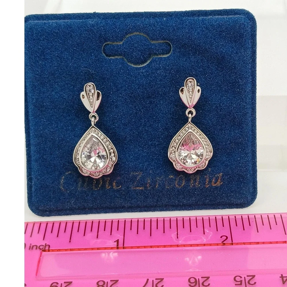 Vintage 1990s Pear Cut Cubic Zirconia Silver Tone Drop Earrings Rare New on Card